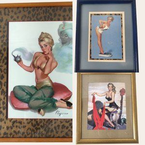 Vintage 1950s Elvgren Pinup Girl Prints 3 Frames Genie Hunter Bathroom Scale MCM